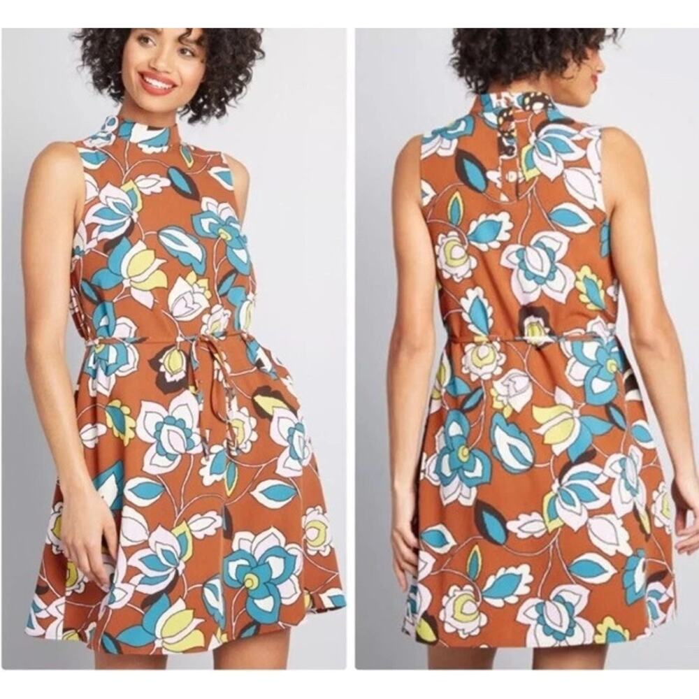 ModCloth In With Excitement Mini Dress Brown Large Floral Mock Neck Sleeveless